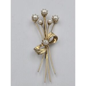Vintage Gold Tone Faux Pearl Flower Bouquet Ribbon Barrett Bobby pin Fashion